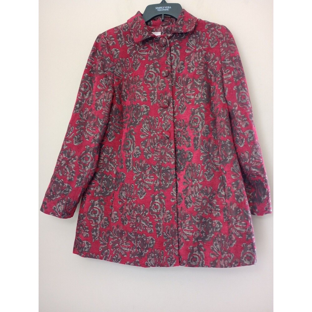 Chico's Red Floral Jacquard Tapestry Style Coat Size Small